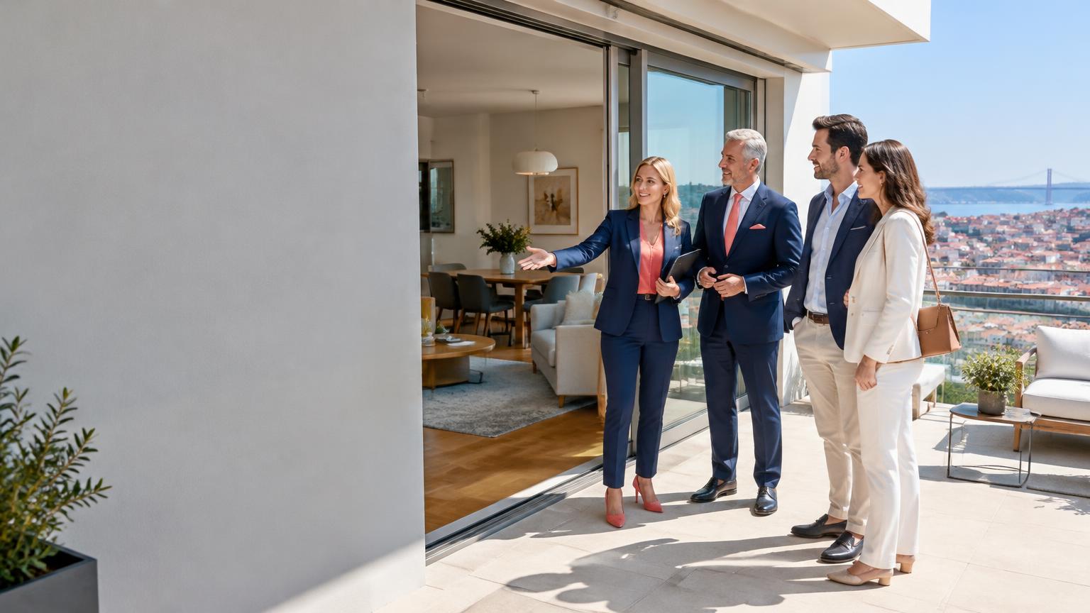 Consultora loira e consultor de cabelo grisalho apresentam um apartamento a um casal.
